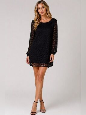 ASTR Blue Patterned Shift Dress | Sheer Long Sleeve | Scoop Neck | Size S